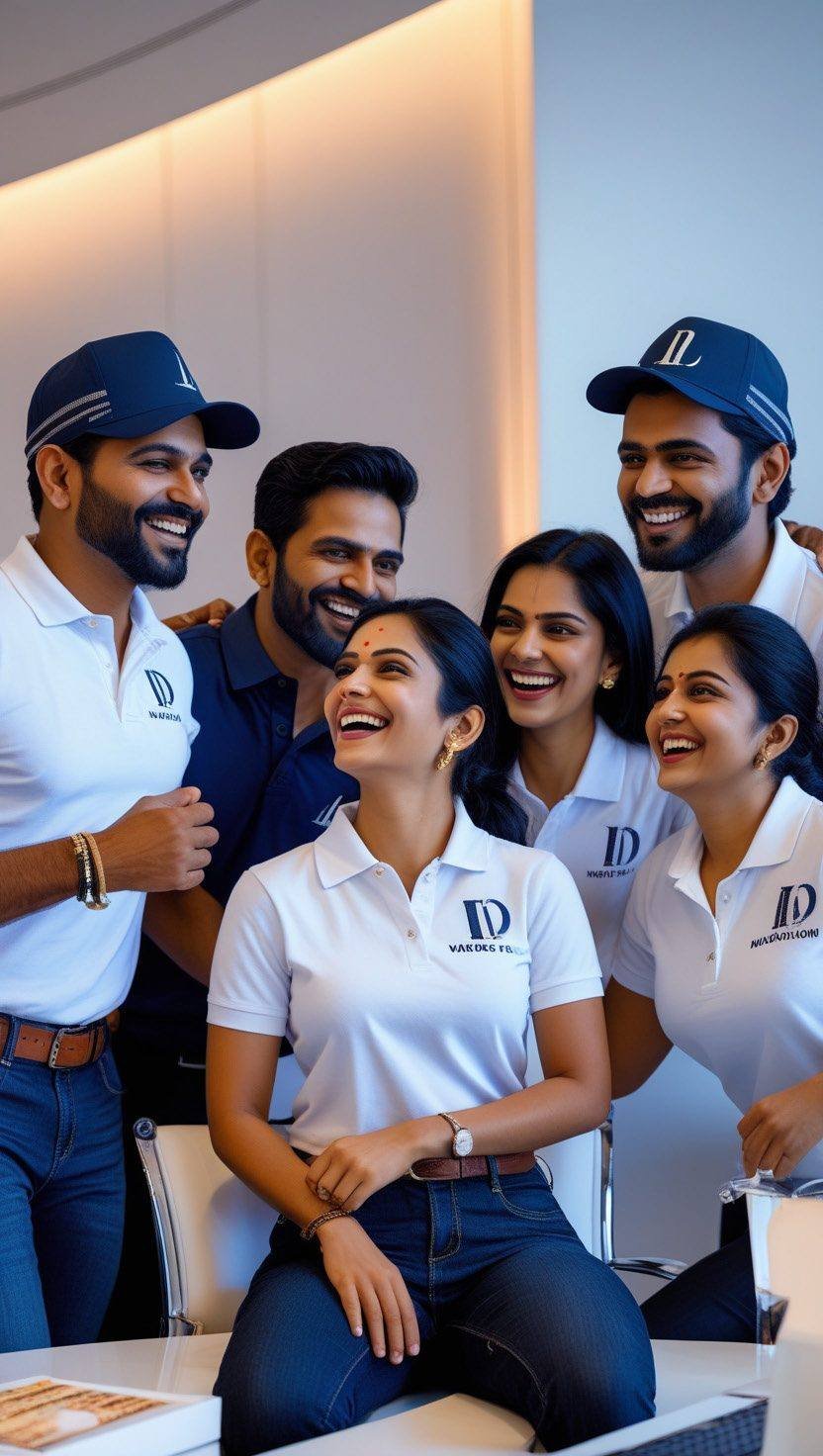 Team in branded corporate polo shirts and caps
