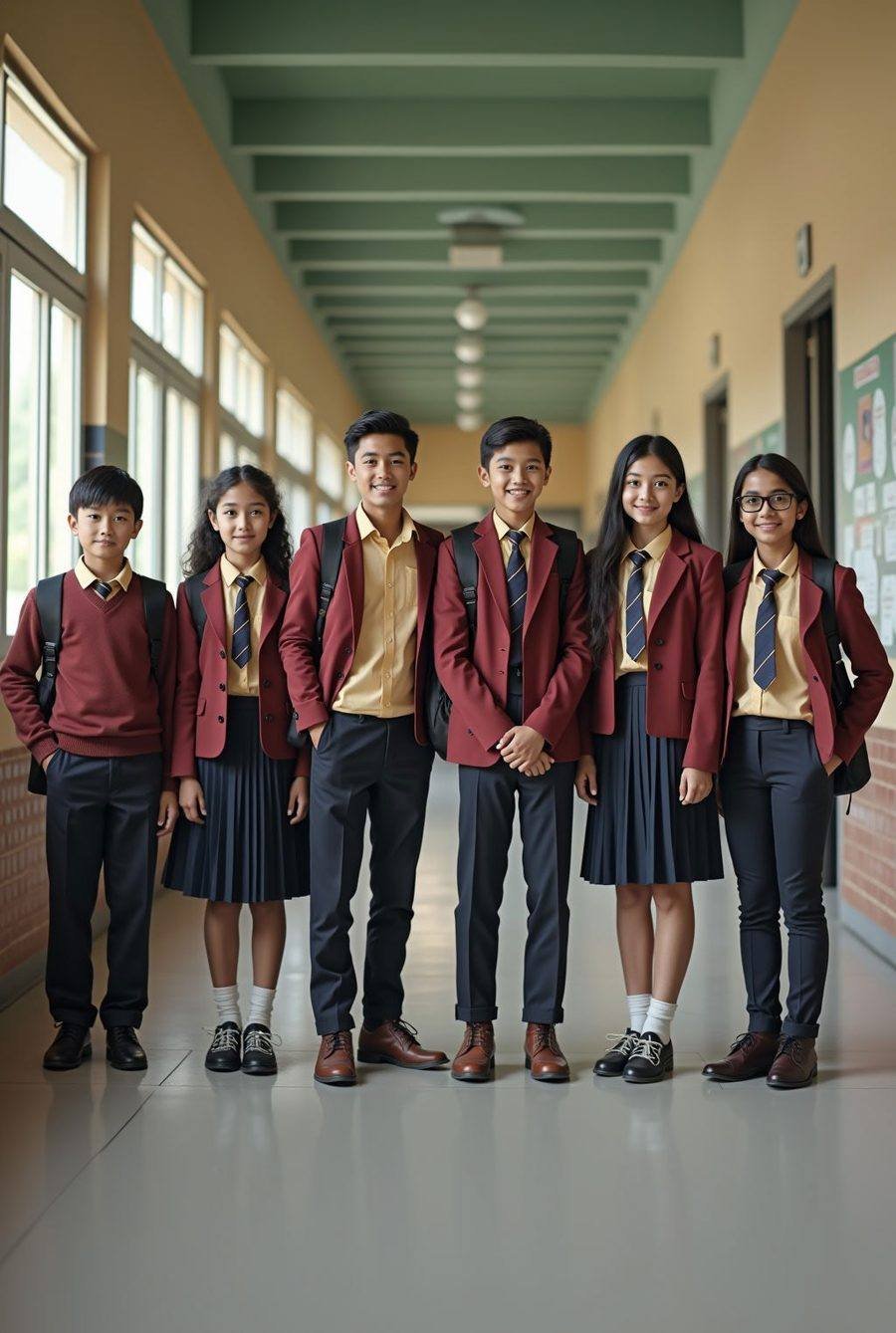 Students in tailored maroon and navy uniforms